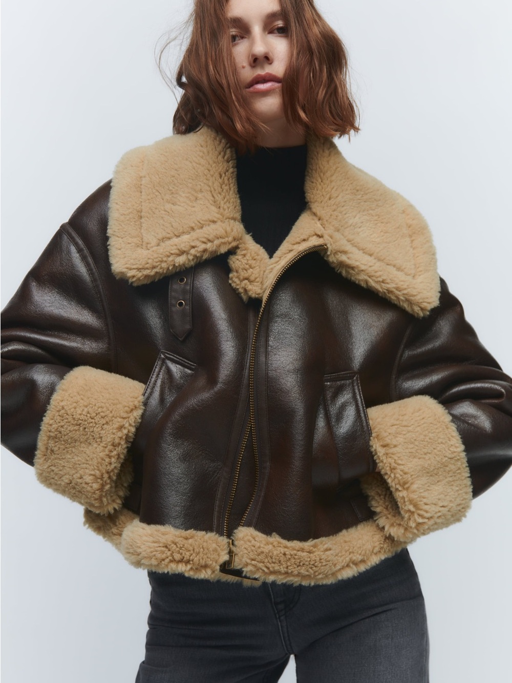 Zara Dark Brown Faux Leather Aviator Jacket with Tan Shearling* worn once - Picture 2 of 7